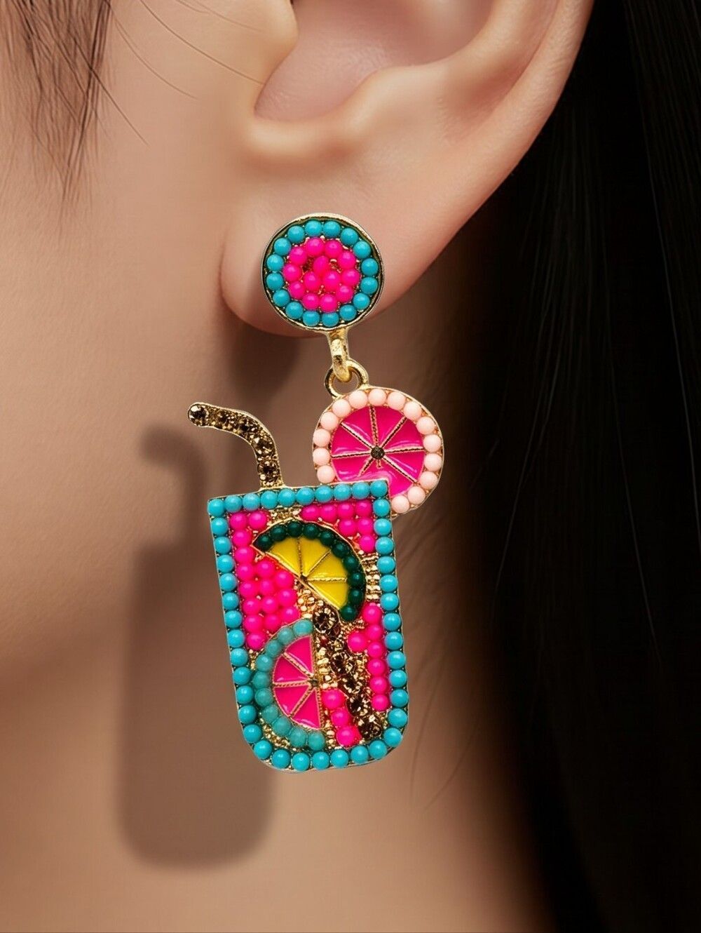 Tropical Cocktail Beaded Earrings Bead Rhinestone Jewelry Summer Cruise Vacay
